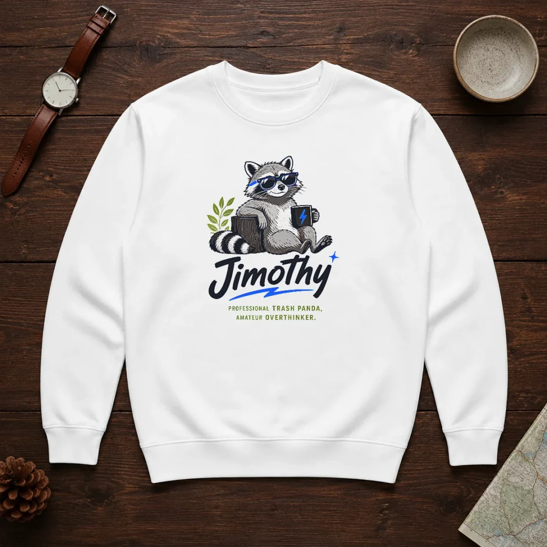 original-jimothy-the-trash-panda-funny-racoon-meme-sweater Original Jimothy The Trash Panda Funny Racoon Meme Sweater in dark gray, cozy knit pullover with front graphic print