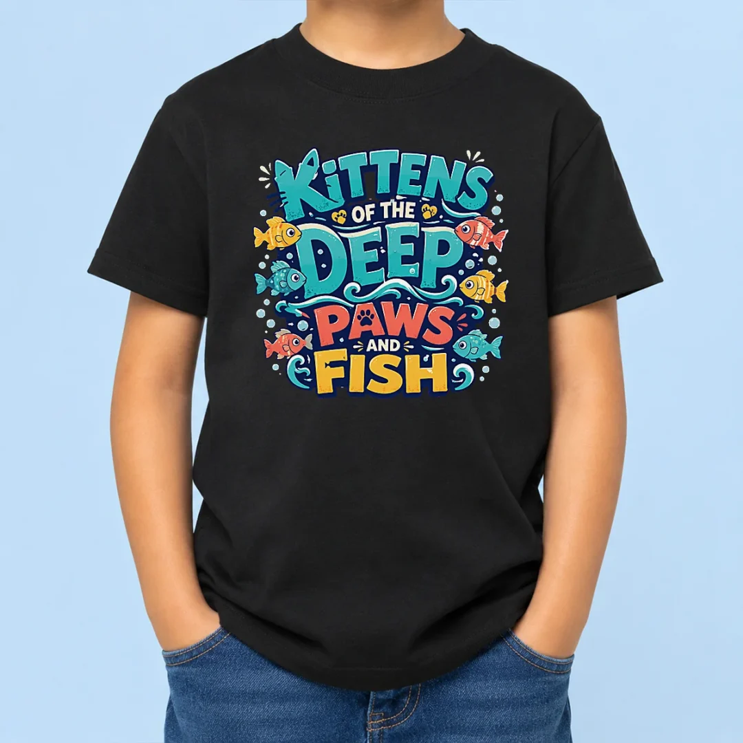 original-kittens-of-the-deep-paws-and-fish-typography-kids-t-shirt Original Kittens Of The Deep Paws And Fish Typography Kids T-Shirt