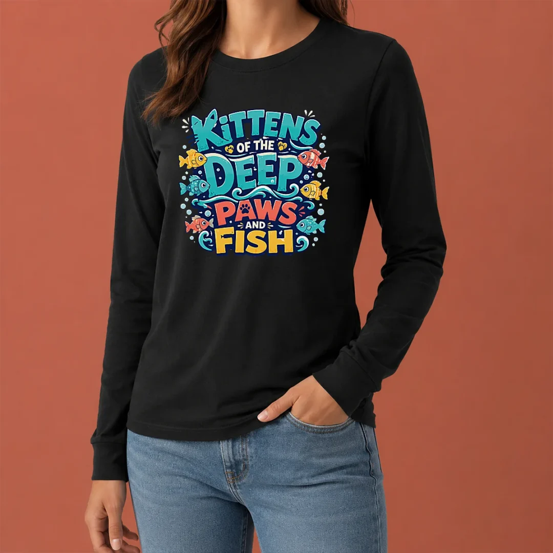 original-kittens-of-the-deep-paws-and-fish-typography-long-sleeve-shirt Original Kittens Of The Deep Paws And Fish Typography long sleeve shirt in white with playful kitten and fish design