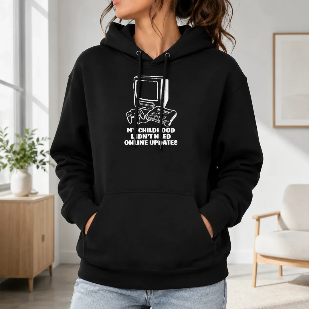 Original My Childhood Didn'T Need Online Updates Retro Gaming Console Hoodie Original My Childhood Didn'T Need Online Updates Retro Gaming Console Hoodie in black, front view with drawstring hood and kangaroo pocket