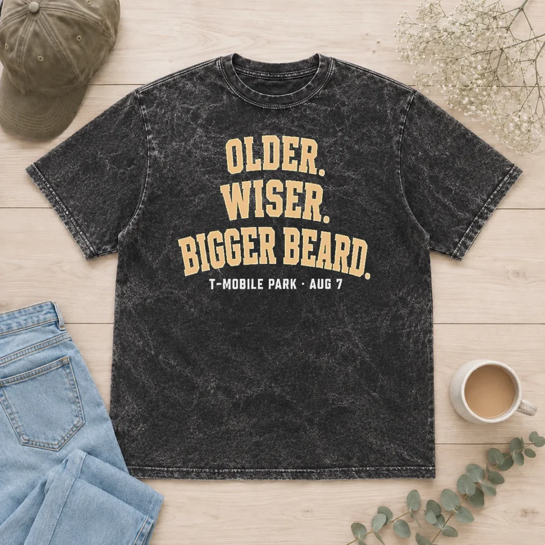 original-older-wiser-bigger-beard-t-mobile-park-aug-7-washed-t-shirt Original Older Wiser Bigger Beard T Mobile Park Aug 7 printed on a soft washed t shirt with a vintage look