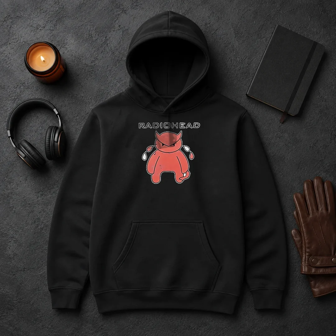 Original Pretty Radiohead Distressed Crying Devil Character Hoodie Original Pretty Radiohead Distressed Crying Devil Character Hoodie in black, featuring a distressed crying devil graphic on the front