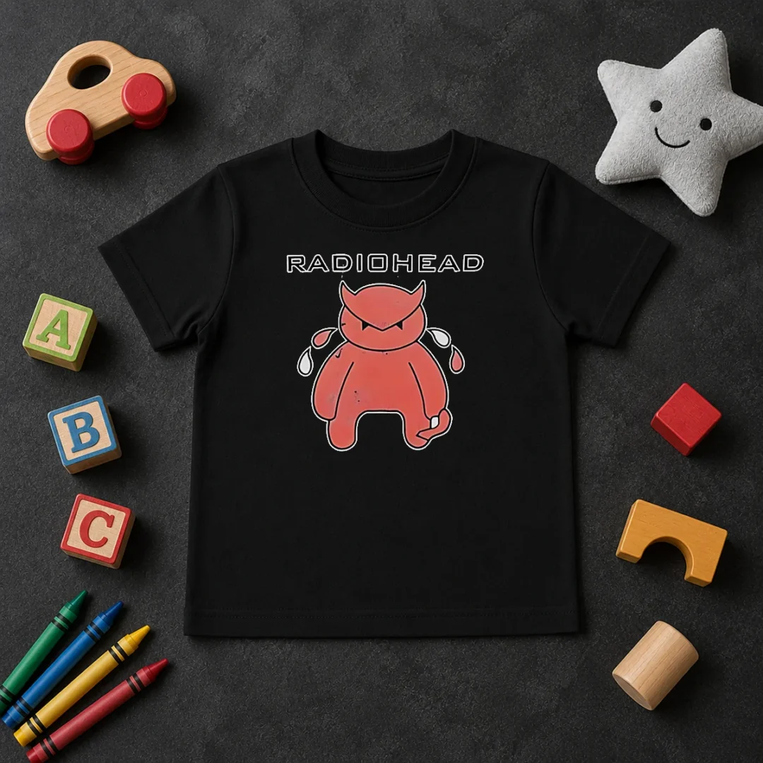 Original Pretty Radiohead Distressed Crying Devil Character Kids T Shirt Original Pretty Radiohead Distressed Crying Devil Character Kids T Shirt in white, featuring a distressed crying devil graphic on a kids short sleeve tee