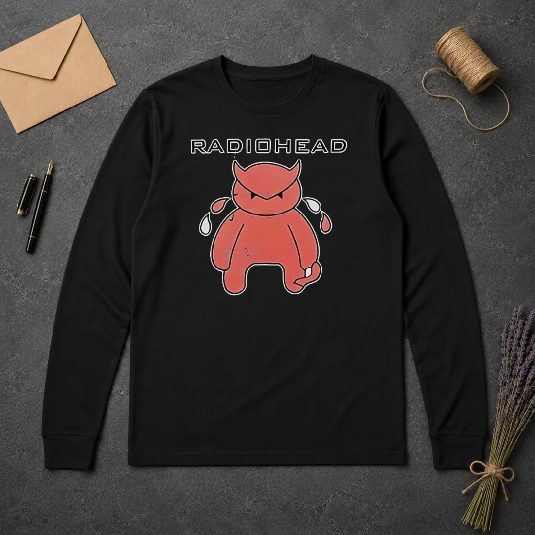 Original Pretty Radiohead Distressed Crying Devil Character Long Sleeve Shirt Original Pretty Radiohead Distressed Crying Devil Character long sleeve shirt showing front graphic design on black fabric