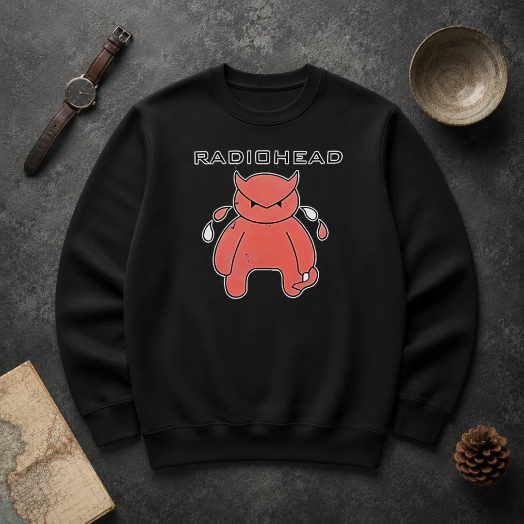 Original Pretty Radiohead Distressed Crying Devil Character Sweater Original Pretty Radiohead Distressed Crying Devil Character Sweater in dark gray with graphic print on front