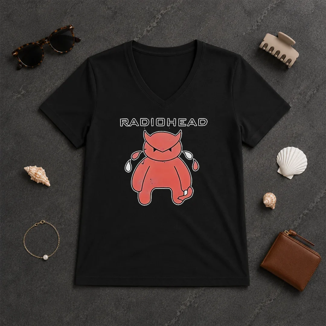 Original Pretty Radiohead Distressed Crying Devil Character V Neck Shirt Original Pretty Radiohead Distressed Crying Devil Character V Neck Shirt showing front graphic print on soft fabric