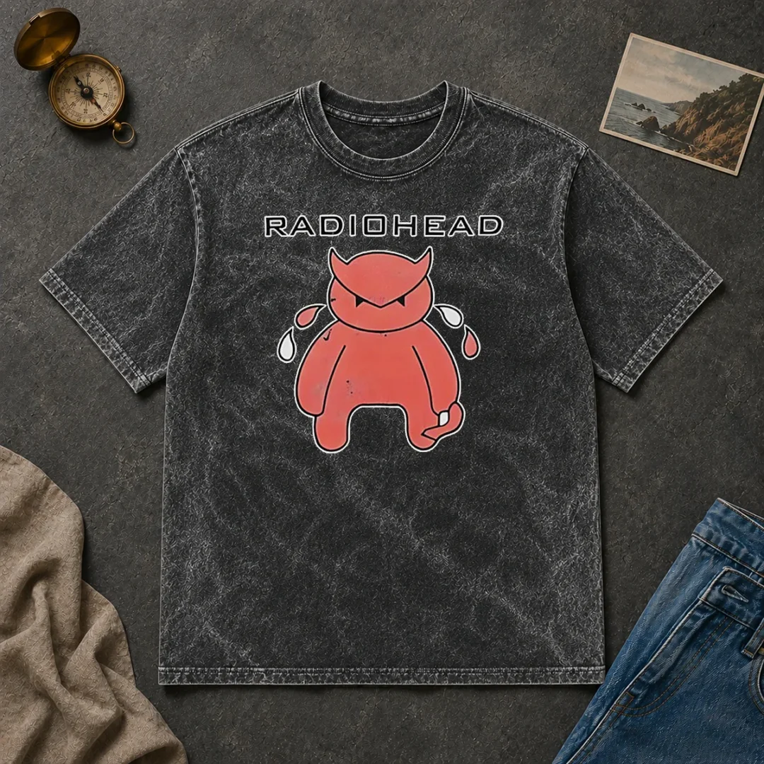 Original Pretty Radiohead Distressed Crying Devil Character Washed T Shirt Original Pretty Radiohead Distressed Crying Devil Character washed t shirt in faded black with unique distressed design