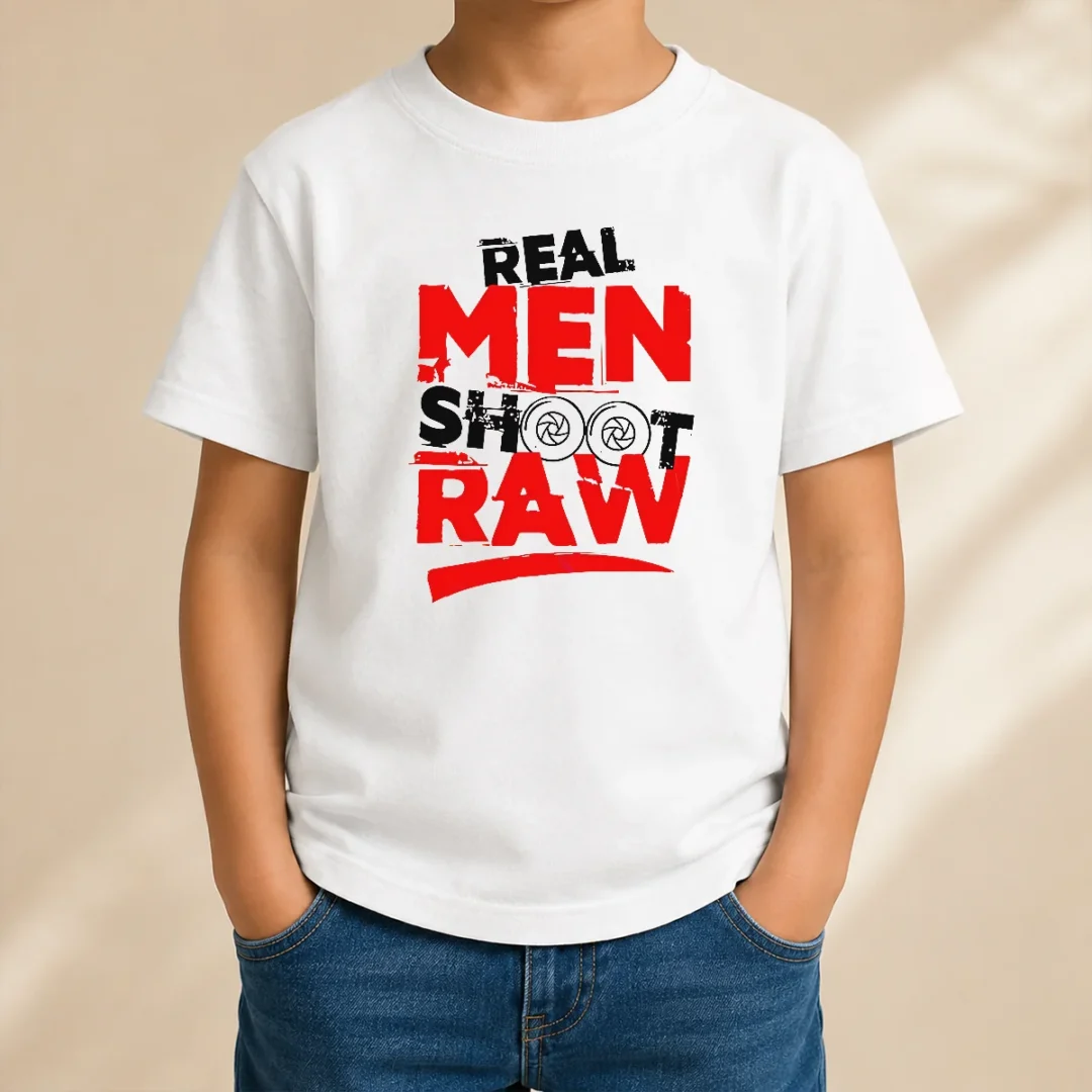 original-real-men-shoot-raw-photography-camera-shutter-aperture-kids-t-shirt Original Real Men Shoot Raw Photography Camera Shutter Aperture Kids T Shirt with bold camera graphic on soft cotton fabric