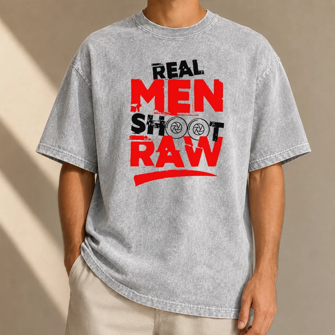 original-real-men-shoot-raw-photography-camera-shutter-aperture-washed-t-shirt Original Real Men Shoot Raw Photography Camera Shutter Aperture Washed T Shirt in light faded color with bold graphic print
