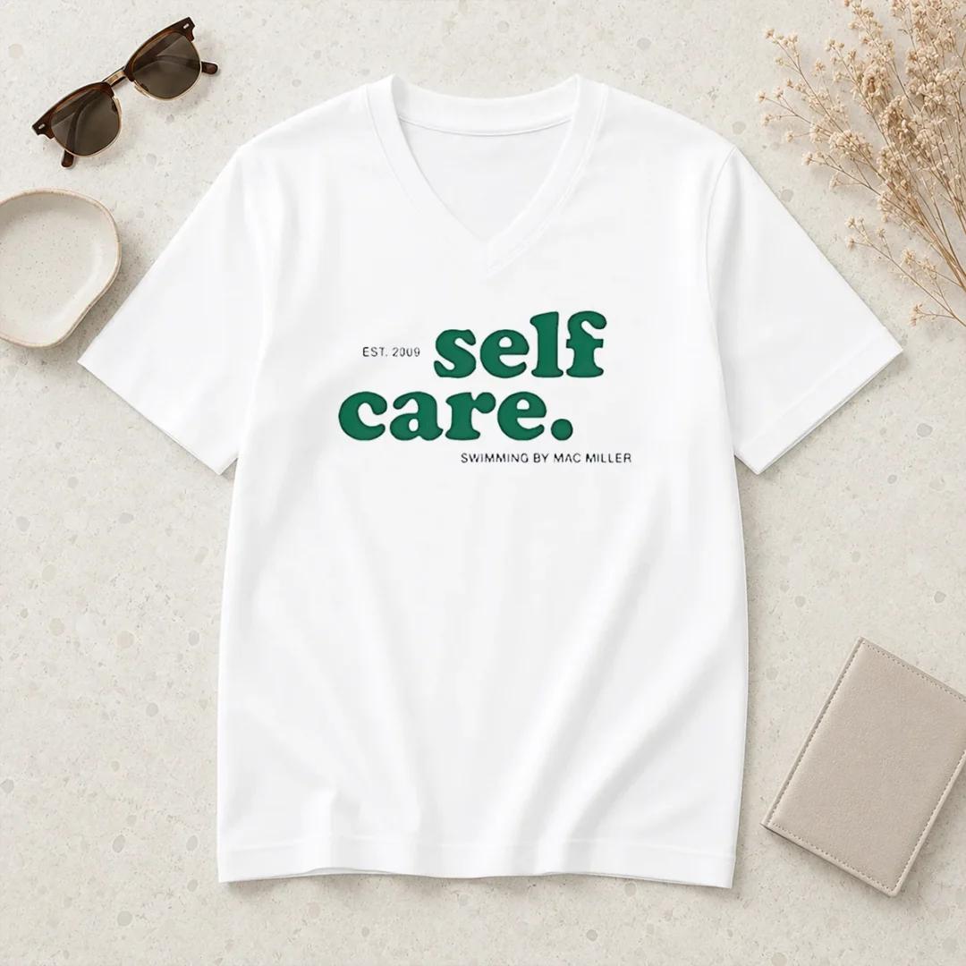 original-self-care-est-2009-swimming-by-mac-miller-v-neck-shirt-2-1 Original Self Care Est 2009 Swimming By Mac Miller V Neck Shirt in black with short sleeves and soft fabric