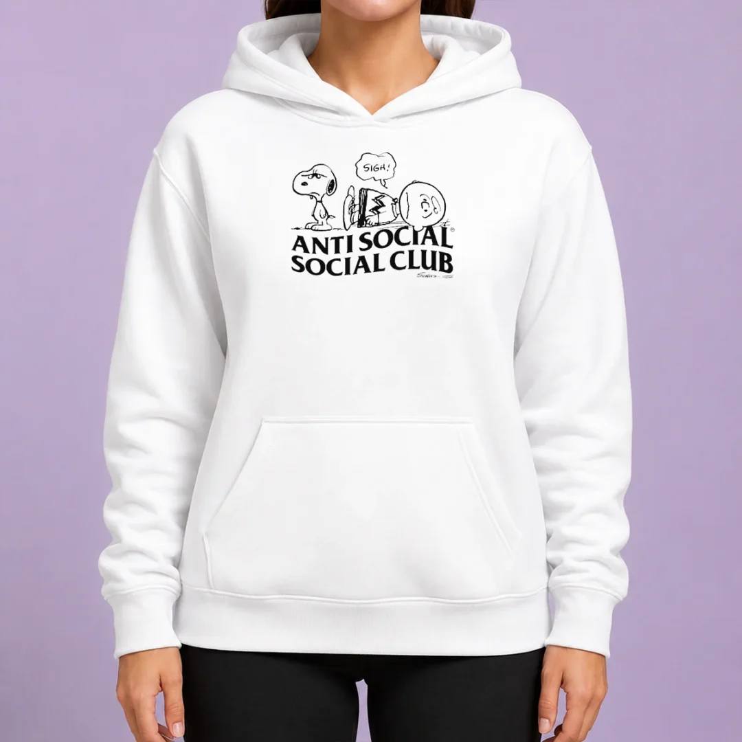 original-snoopy-charlie-brown-peanuts-anti-social-social-club-hoodie-2 Original Snoopy Charlie Brown Peanuts Anti Social Social Club hoodie front view in black, comfortable pullover with drawstring hood