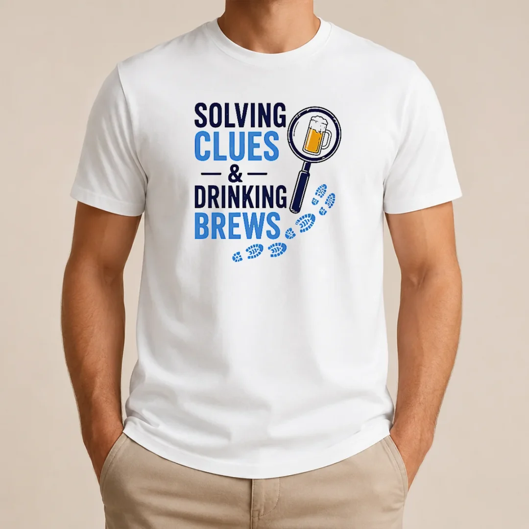 Original Solving Clues And Drinking Brews T Shirt Original Solving Clues And Drinking Brews t shirt in black, crew neck, short sleeve casual wear