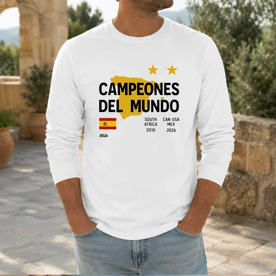 original-spain-campeones-del-mundo-2010-south-africa-and-2026-world-cup-long-sleeve-shirt Original Spain Campeones Del Mundo 2010 South Africa And 2026 World Cup long sleeve shirt in red with championship text and years