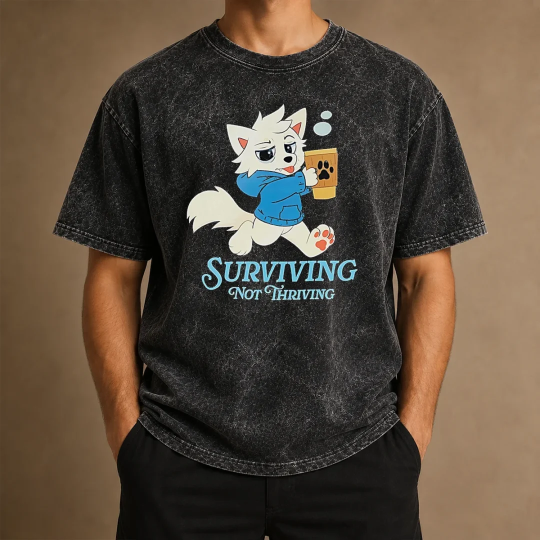 original-surviving-not-thriving-furry-washed-t-shirt Original Surviving Not Thriving Furry Washed T Shirt in soft, faded fabric with printed graphic on front