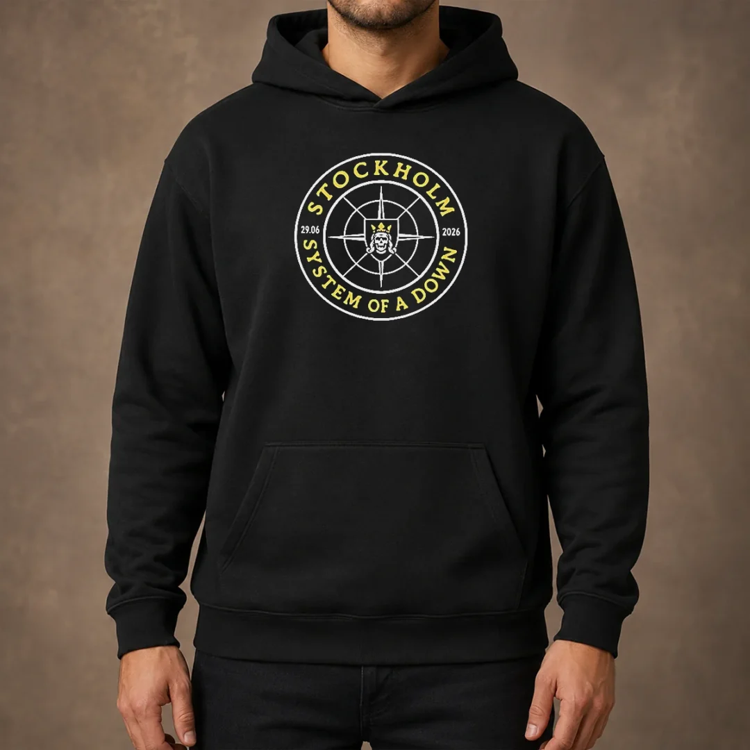original-system-of-a-down-stockholm-2026-tour-badge-hoodie Original System Of A Down Stockholm 2026 Tour Badge Hoodie in black with front graphic print