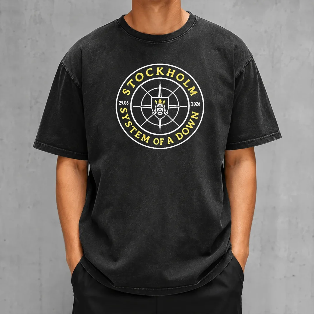 original-system-of-a-down-stockholm-2026-tour-badge-washed-t-shirt Original System Of A Down Stockholm 2026 Tour Badge printed on a soft washed cotton t shirt in light gray