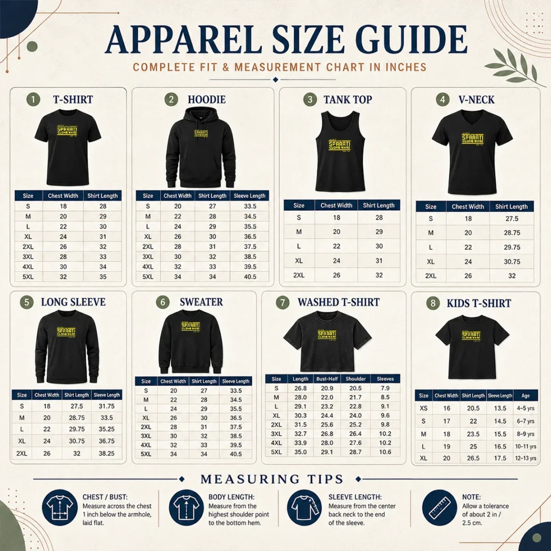 Original The Spaarti Clone Wars Sci Fi Size Chart Size chart for Original The Spaarti Clone Wars Sci Fi with measurements in inches and cm