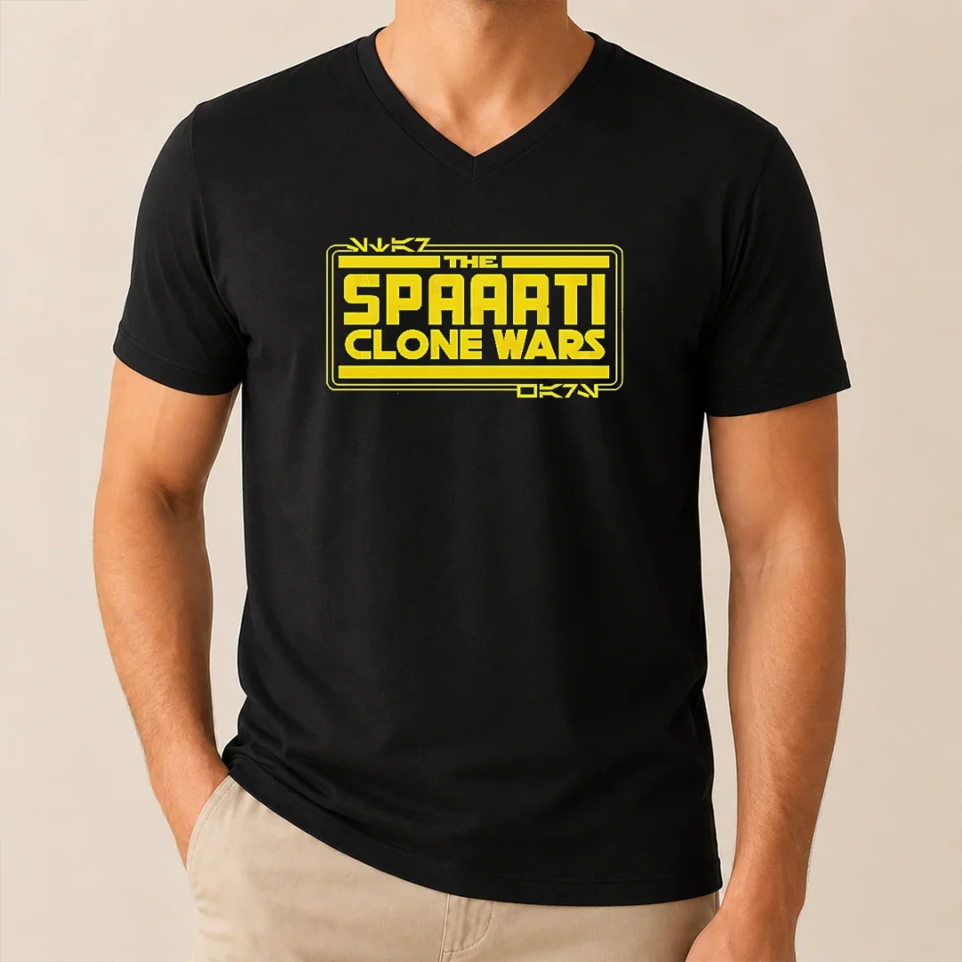 Original The Spaarti Clone Wars Sci Fi V Neck Shirt Original The Spaarti Clone Wars Sci Fi V Neck Shirt showing front design on a fitted v neck garment