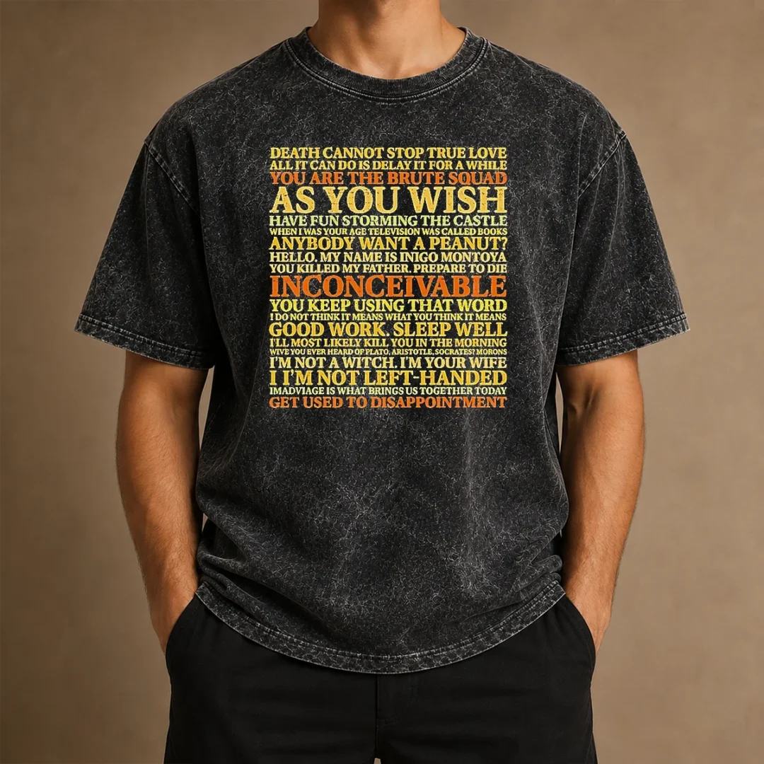original-top-the-princess-bride-movie-quotes-collage-washed-t-shirt Original Top The Princess Bride Movie Quotes Collage Washed T Shirt featuring iconic quotes printed on a soft, faded fabric tee