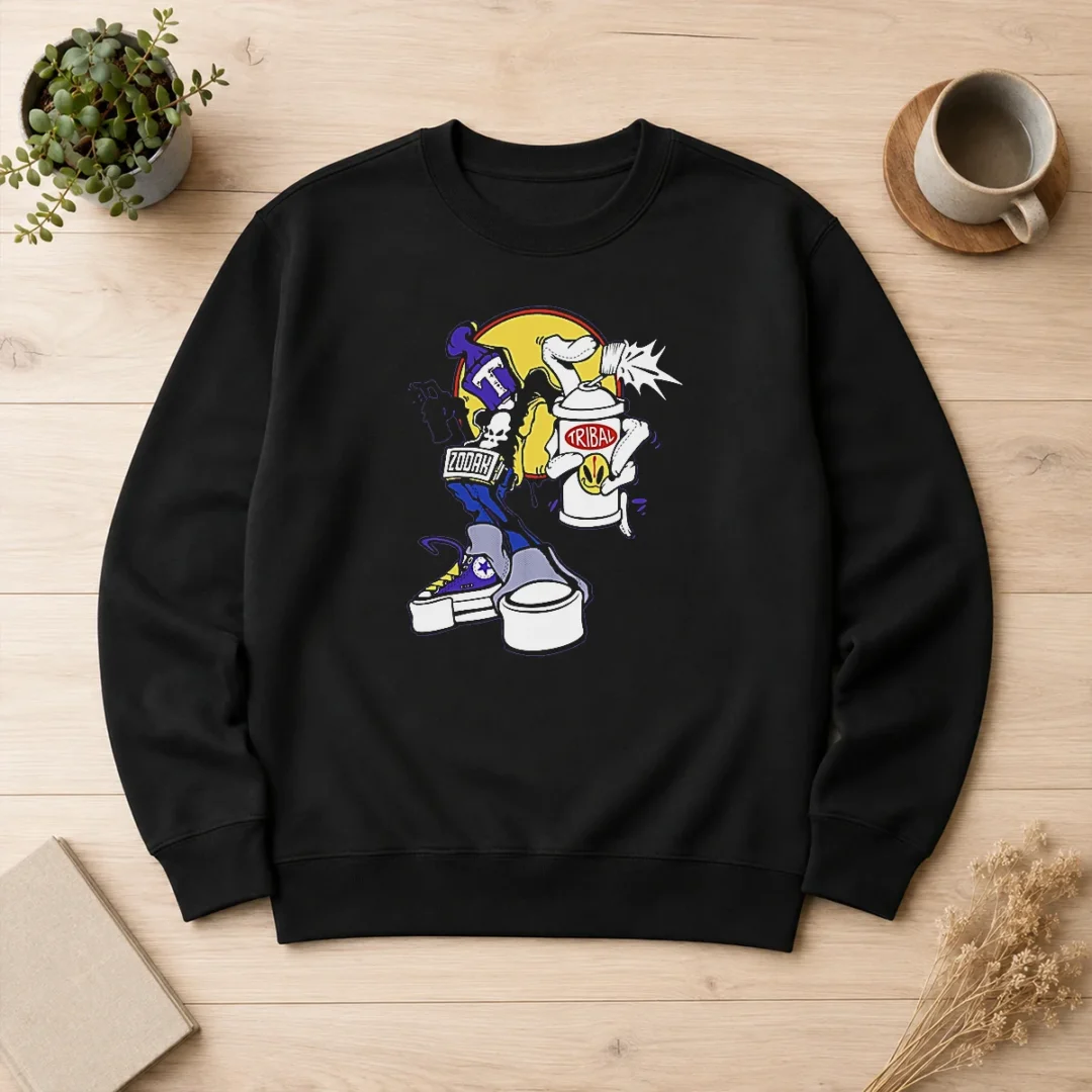 original-tribal-zodak-graffiti-artist-streetwear-graphic-sweater Original Tribal Zodak Graffiti Artist Streetwear Graphic Sweater in black with vibrant street art design on front