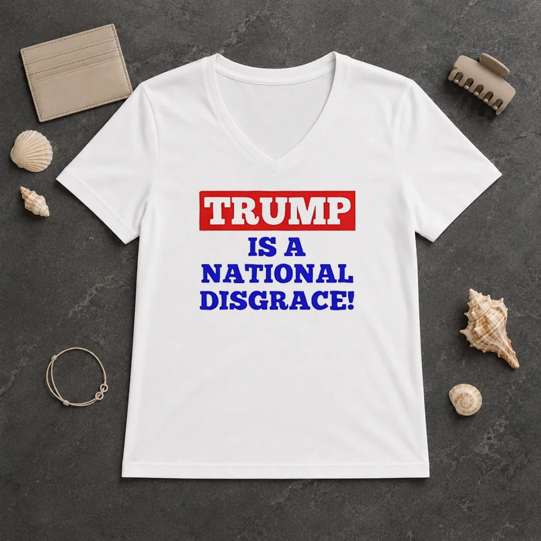 Original Trump Is A National Disgrace Political Protest V Neck Shirt Original Trump Is A National Disgrace Political Protest V Neck Shirt in black, featuring bold white text on a comfortable v neck garment