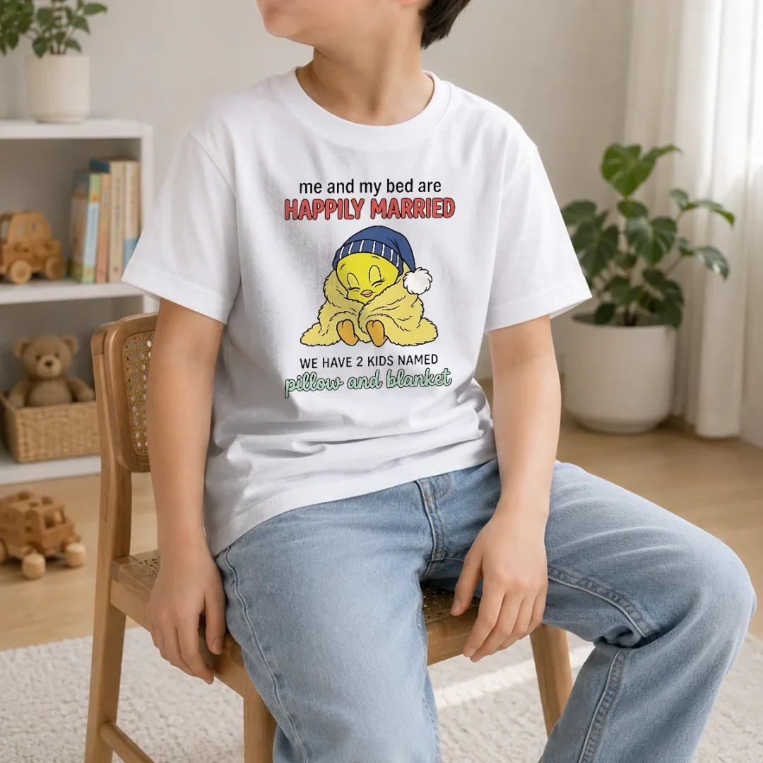 original-tweety-and-my-bed-are-happily-married-we-have-2-kids-named-pillow-blanket-kids-t-shirt-kid-t-shirt Original Tweety And My Bed Are Happily Married We Have 2 Kids Named Pillow Blanket Kids T Shirt in bright yellow cotton fabric