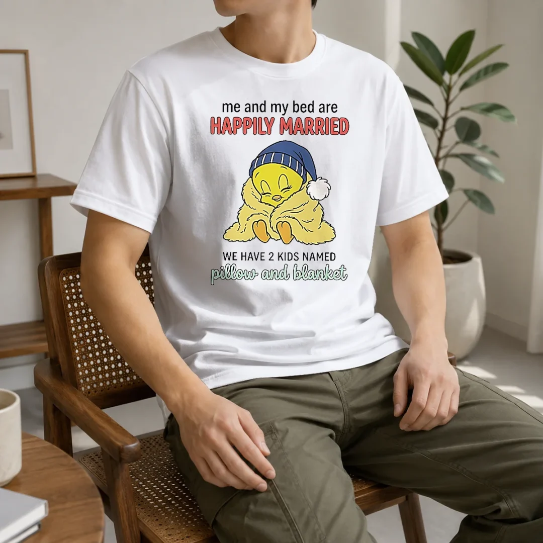 original-tweety-and-my-bed-are-happily-married-we-have-2-kids-named-pillow-blanket-t-shirt-1 Original Tweety And My Bed Are Happily Married We Have 2 Kids Named Pillow Blanket t shirt in classic fit, white color, front view