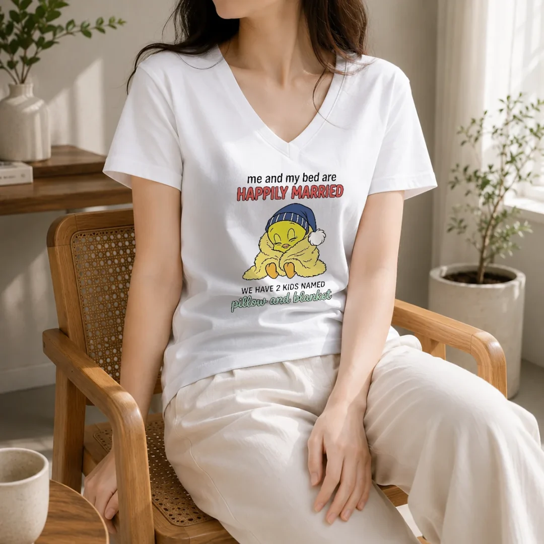 original-tweety-and-my-bed-are-happily-married-we-have-2-kids-named-pillow-blanket-v-neck-shirt Original Tweety And My Bed Are Happily Married We Have 2 Kids Named Pillow Blanket V-Neck Shirt