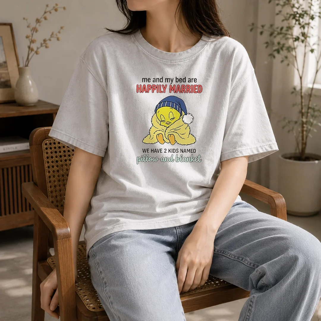 original-tweety-and-my-bed-are-happily-married-we-have-2-kids-named-pillow-blanket-washed-t-shirt Original Tweety And My Bed Are Happily Married We Have 2 Kids Named Pillow Blanket Washed T-Shirt