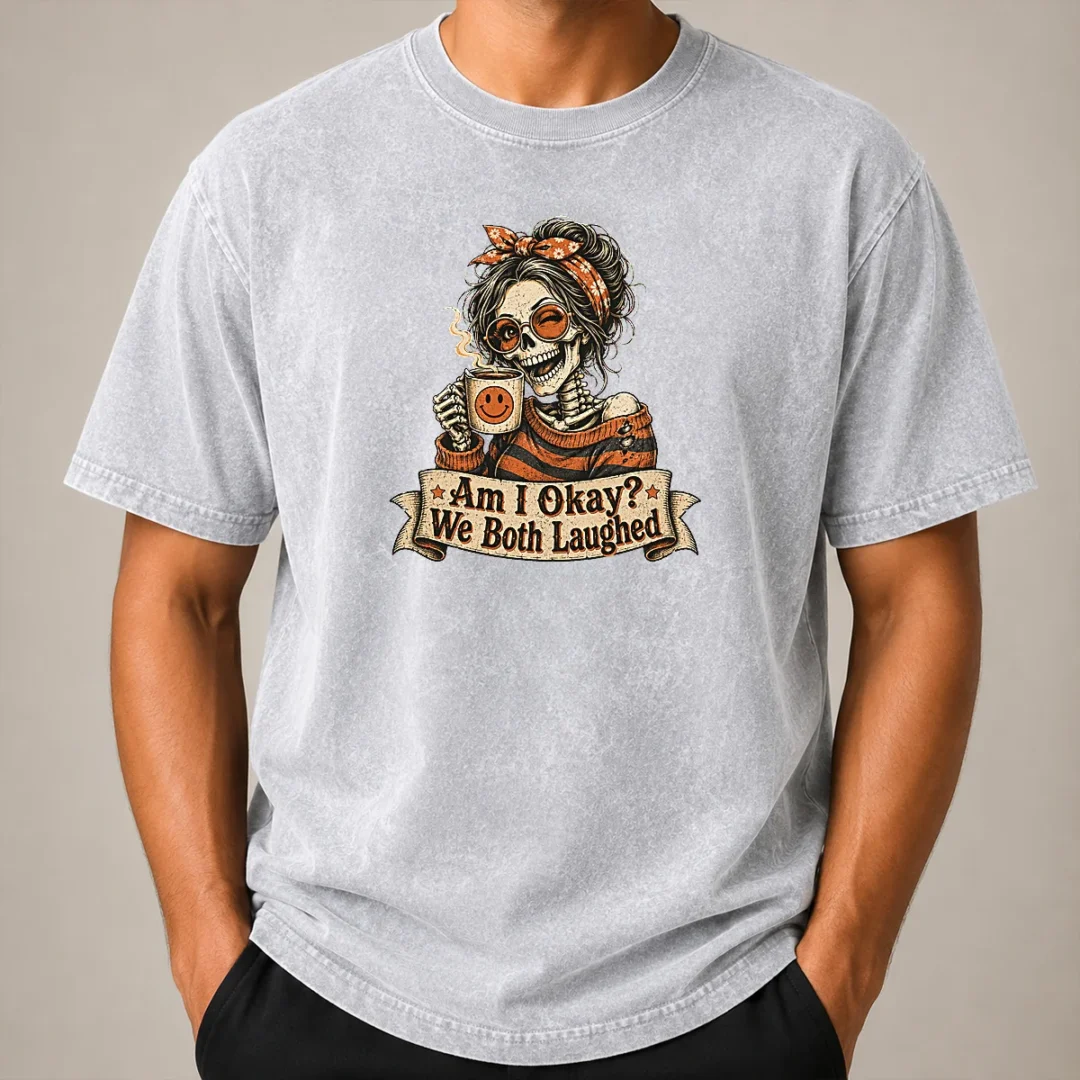 Original Vintage Funny Halloween Skeleton Girl Coffee Washed T Shirt Original Vintage Funny Halloween Skeleton Girl Coffee Washed T-Shirt