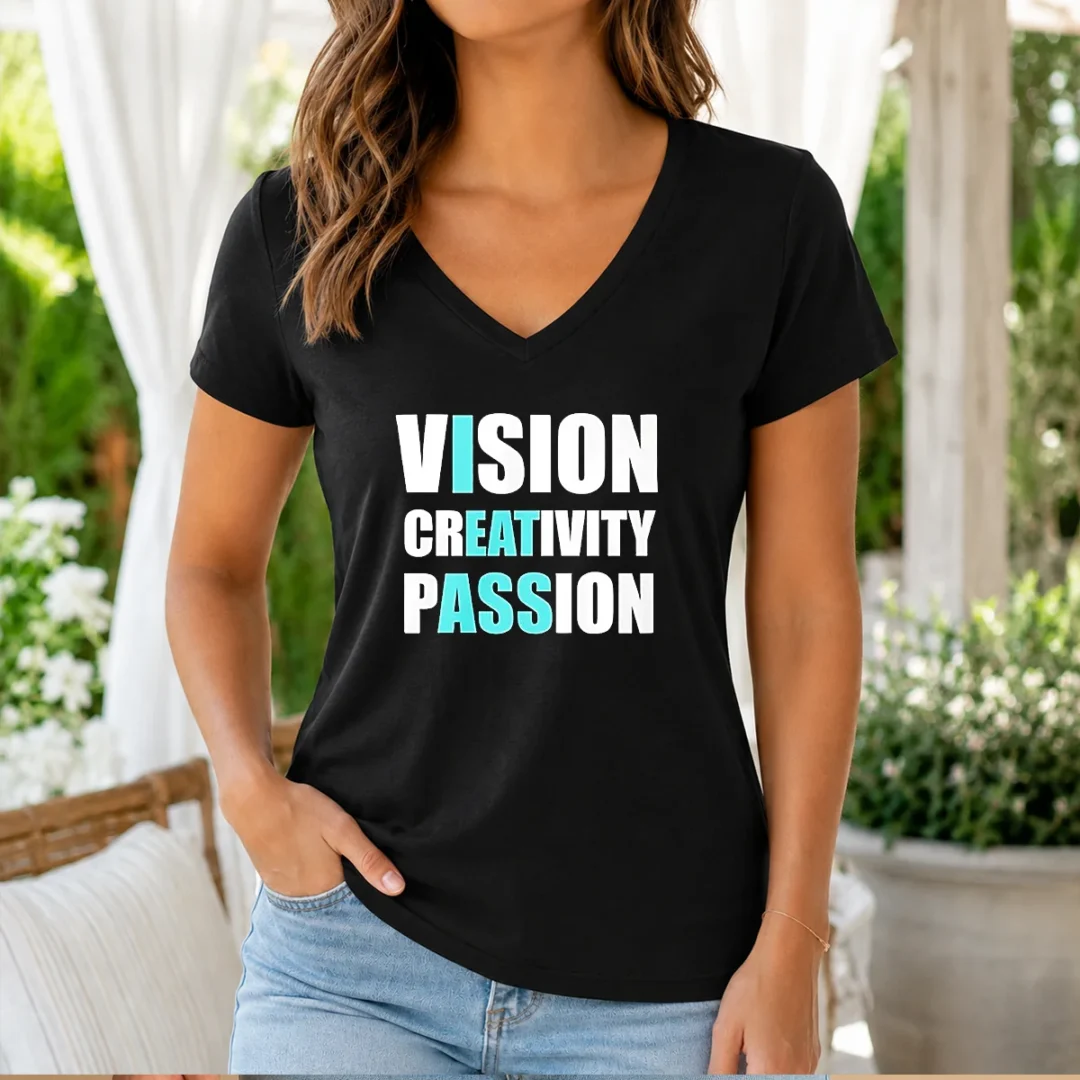 original-vision-creativity-passion-i-eat-ass-v-neck Original Vision Creativity Passion I Eat Ass V Neck Shirt showing front view of black v neck t-shirt with bold white text