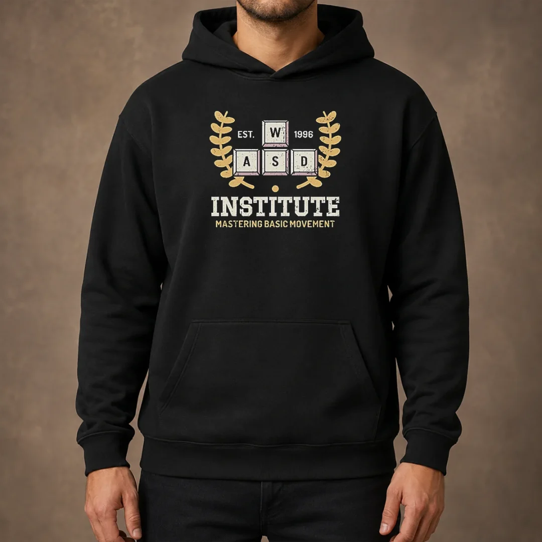 original-wasd-institute-est-1996-mastering-basic-movement-hoodie Original WASD Institute Est 1996 Mastering Basic Movement hoodie in black with front pocket and drawstring hood