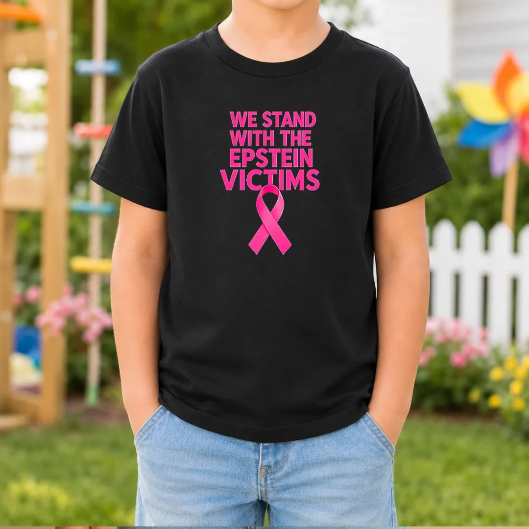original-we-stand-with-the-epstein-victims-pink-ribbon-kids-t-shirt Original We Stand With The Epstein Victims Pink Ribbon Kids T Shirt in pink, short sleeve cotton tee for children