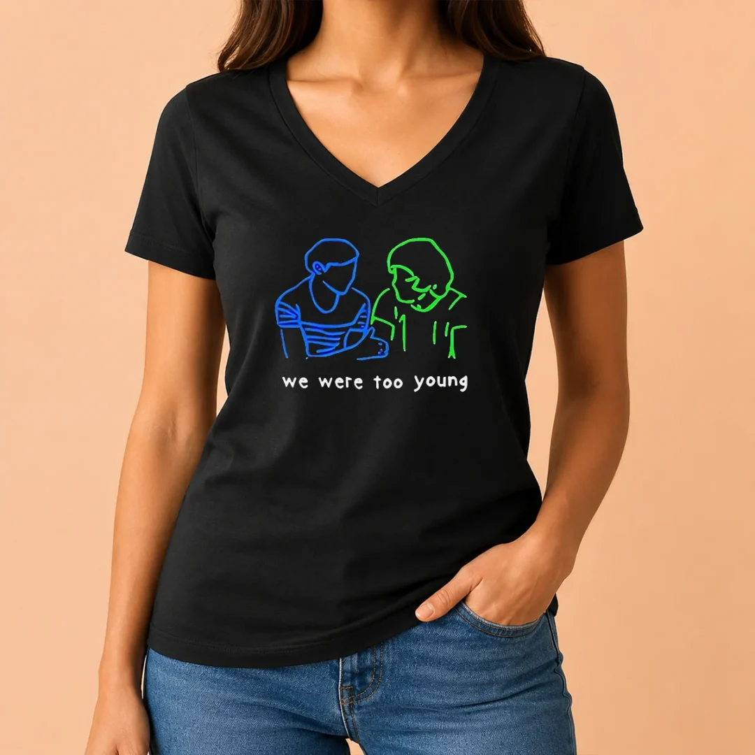 original-we-were-too-young-line-art-couple-v-neck-shirt Original We Were Too Young Line Art Couple V-Neck Shirt