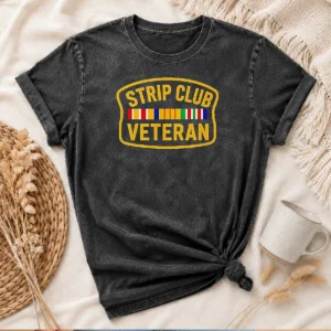Premium Hot Strip Club Veteran Logo printed on a soft washed t shirt in faded black
