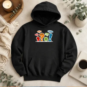 Nice Punctuation Squad Hoodie in charcoal gray with front pouch pocket and drawstring hood