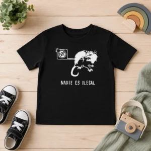 Awesome Nadie Es Ilegal Angry Possum ICE Sign Parody Kids T Shirt in vibrant colors on a child-sized garment