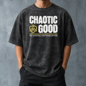 Nice Chaotic Good D20 Dice Good Intentions Questionable Methods Washed T Shirt showing front design on soft cotton fabric