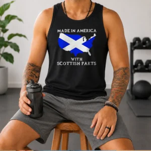 Good Made In America With Scottish Parts Tank Top showing front view of sleeveless cotton garment