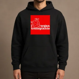 Funny I Heart Organ Transplants Transplant Awareness Hoodie in black with front graphic design, displayed on a mannequin