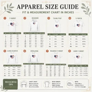 Size chart for Pretty Snoopy And Woodstock American Flag Heart with measurements in inches and cm