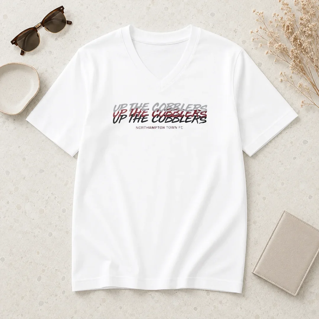 perfect-up-the-cobblers-northampton-town-fc-efl-v-neck-shirt Perfect Up The Cobblers Northampton Town FC EFL V Neck Shirt in deep maroon with club logo on chest