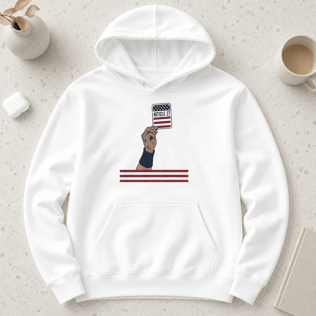 perfect-usa-article-27-card-hoodie Perfect USA Article 27 Card Hoodie in dark gray, front view with kangaroo pocket and adjustable drawstring hood