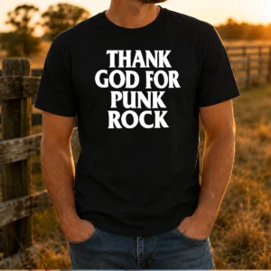 Pretty Thank God For Punk Rock Music Lover Band t shirt in black, front view with bold white typography