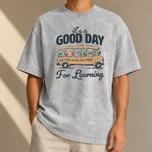 Hot Premium It'S A Good Day For Learning School Bus Animals Washed T-Shirt