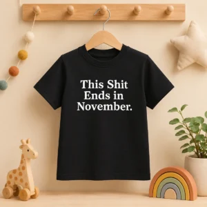 Funny This Shit Ends In November Political Slogan kids t shirt in blue, front view