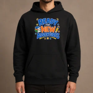 Good Back To School Excitement Ready For New Adventures Silhouett Hoodie in black, front view with kangaroo pocket and drawstring hood