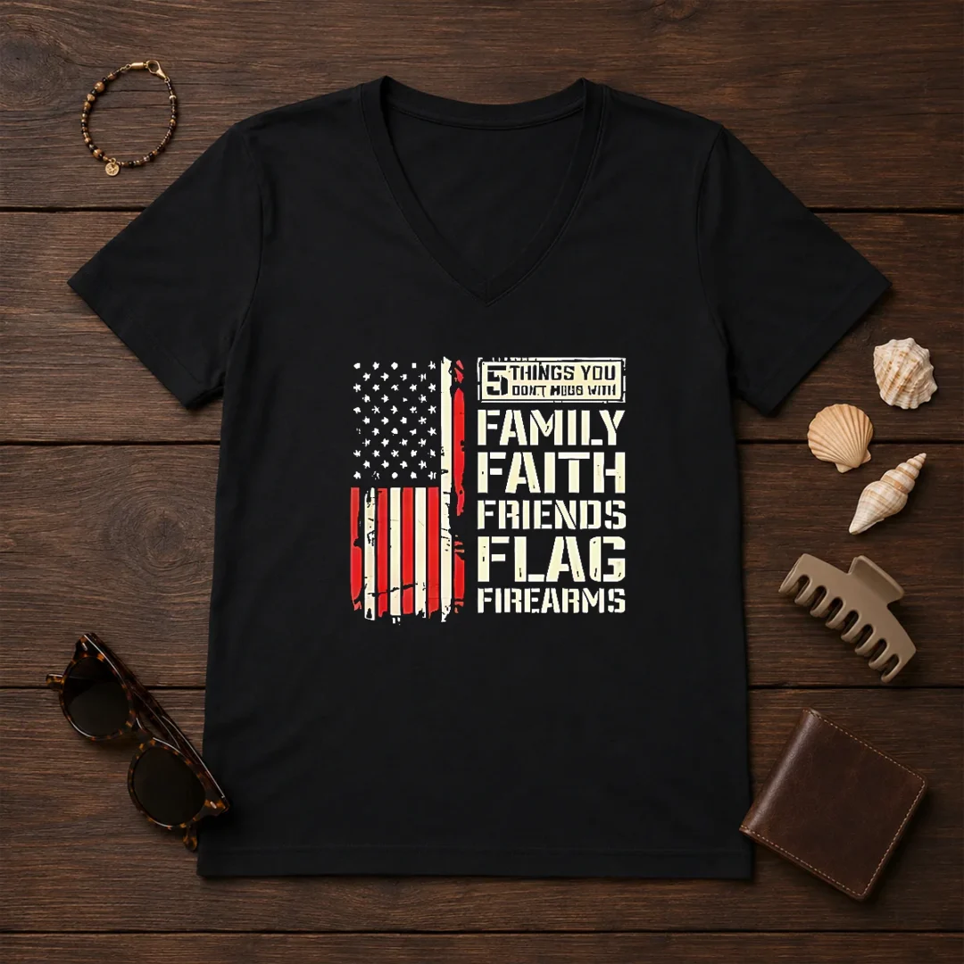 premium-5-things-you-don-t-mess-with-family-faith-friends-flag-firearms-v-neck-shirt-1 Premium 5 Things You Don'T Mess With Family Faith Friends Flag Firearms V Neck Shirt in charcoal gray, soft fabric with a fitted V neck style