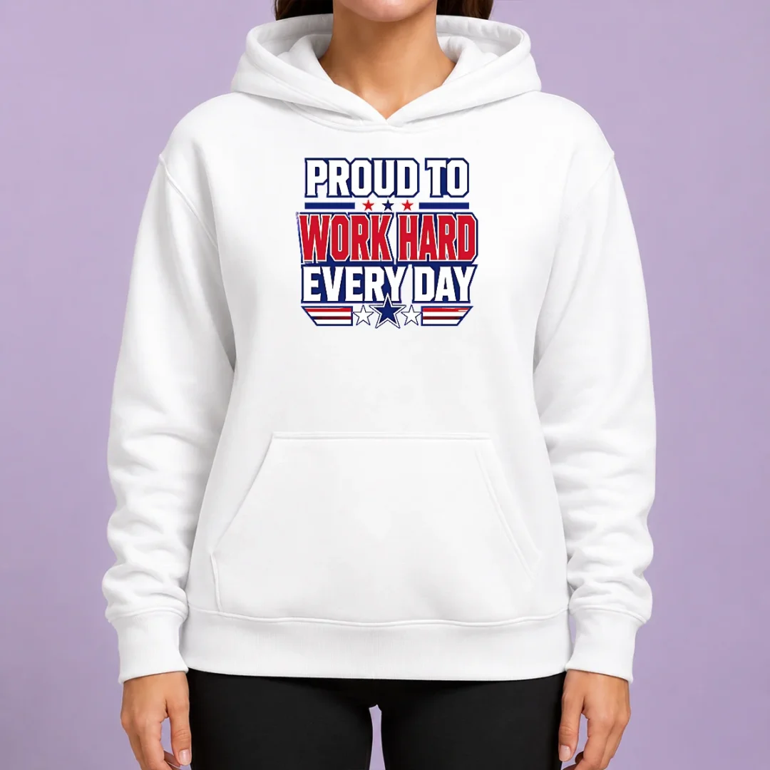 premium-american-labour-day-proud-worker-typography-hoodie Premium American Labour Day Proud Worker Typography Hoodie in black, front view showing bold text design
