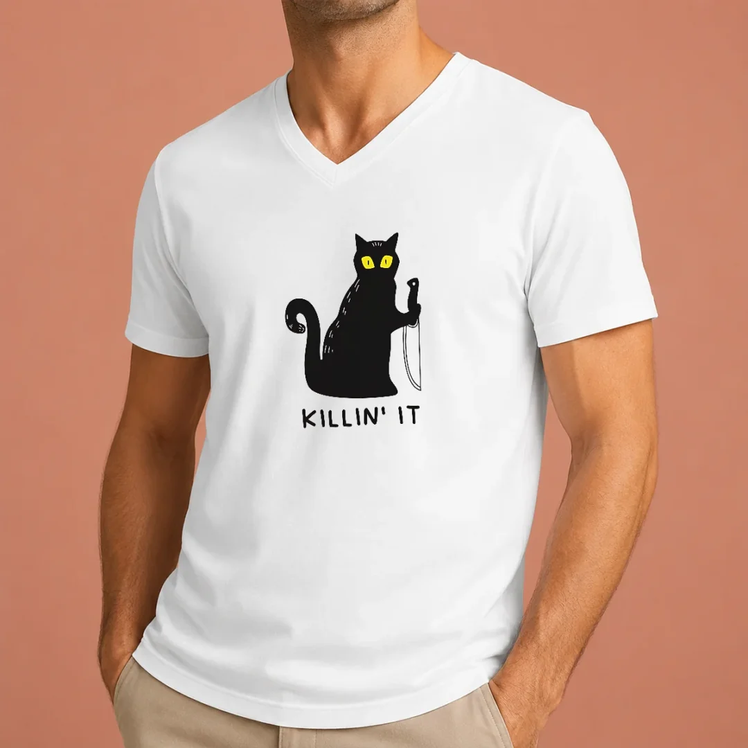 premium-black-cat-holding-knife-killin-it-v-neck Premium Black Cat Holding Knife Killin' It V Neck Shirt in black, featuring a graphic of a cat holding a knife